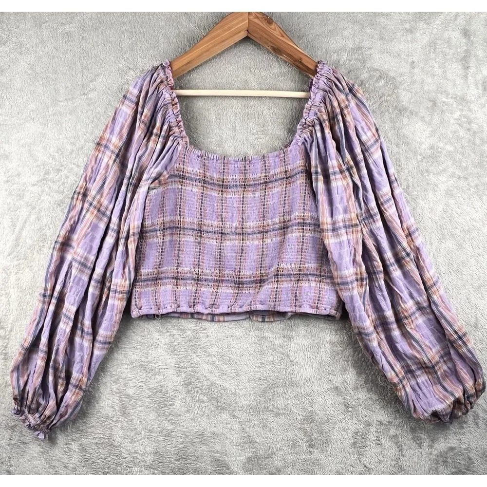 Free People Cherry Bomb Top Womens XL Purple Plaid Balloon Sleeves Ruched Boho - Picture 2 of 11
